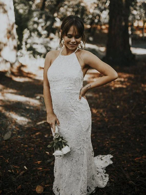 Today's Special Sexy Backless Sheath Rustic Lace Wedding Dresses Halter Beach Wedding Dress NA2009