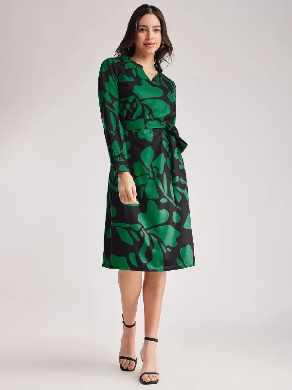 Limited Availability Ruffle Floral Dress - Black And Green