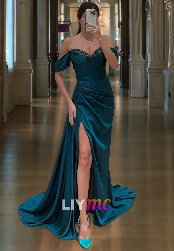 Price Reduction LP1841 - Off-Shoulder Beaded Pleated Ruched Sleek Satin High Slit Sexy Prom Dress