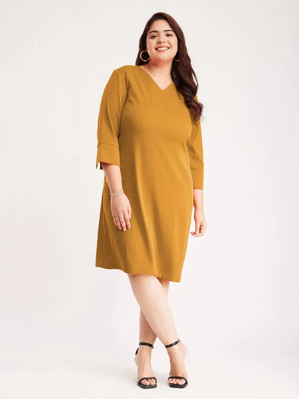 New Markdowns Shift Dress With Attached Belt - Mustard
