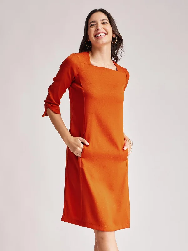 Low Prices Square Neck Detail Dress - Rust