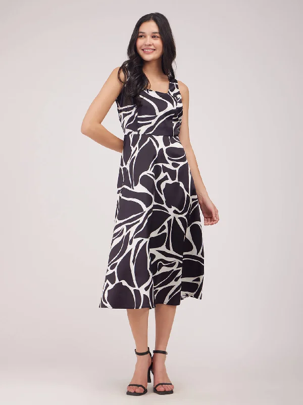 Weekend Special Satin Fit And Flare Dress - Black And White