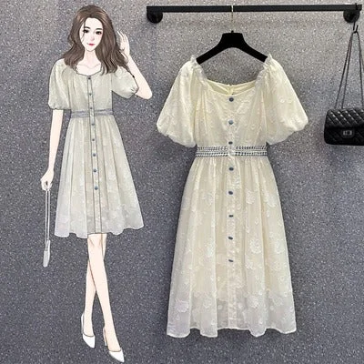 Midnight Madness Plus Size White Square Neck Korean Midi Dress