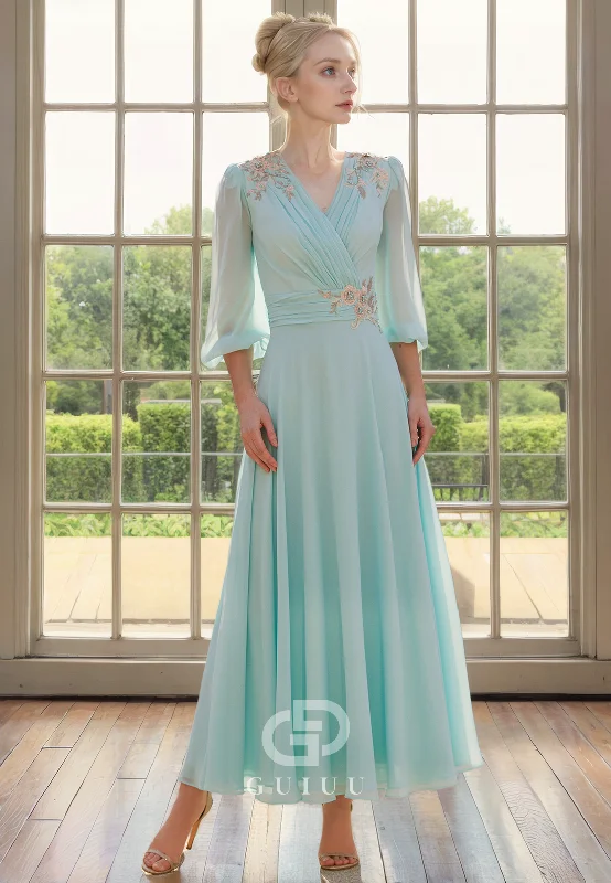 A-Line V Neck 34 Length Sleeves Pleated Appliques Tea Length Chiffon Mother of Bride Dress