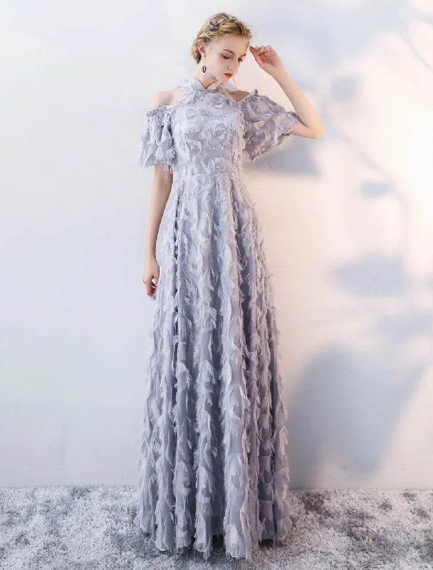 Get It Before It’s Gone Stunning Evening Dresses Long Light Grey Cold Shoulder Evening Dress Lace Stand Collar Floor Length Formal Dress