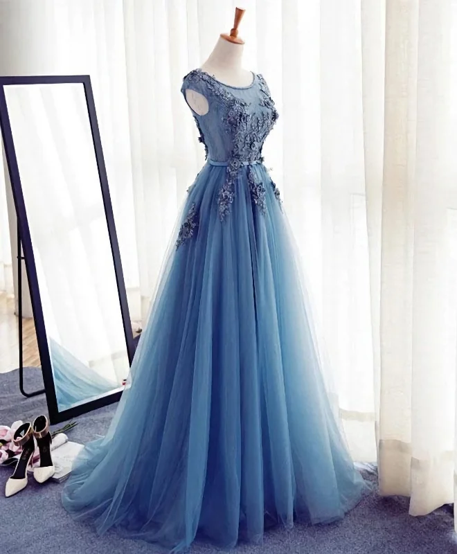 Hot Deal Blue A Line Tulle Lace Long Prom Dress, Evening Dress