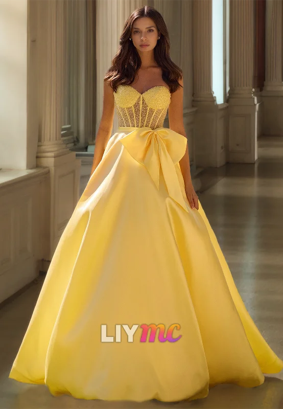 Limited Time Sweetheart Strapless Beaded Bowknot Sleek A-Line Prom Dress
