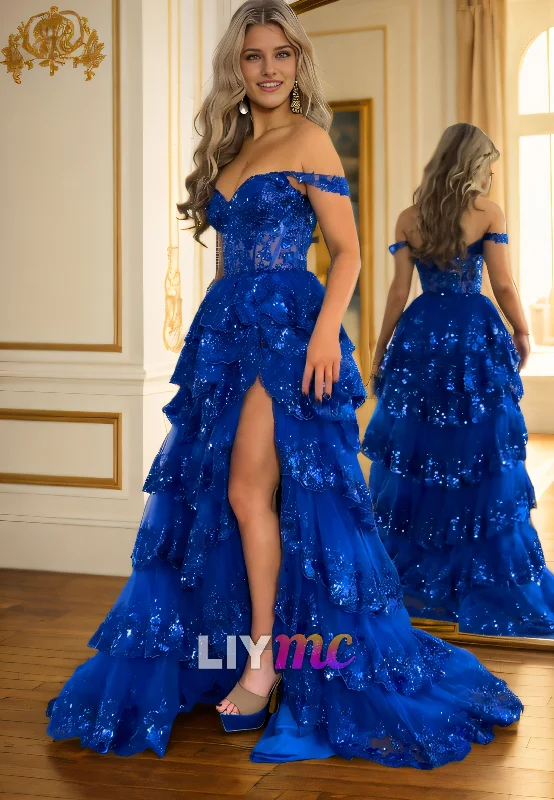 Price Cut LP2293 - Off-Shoulder Strapless Appliques Tiered A-Line High Slit Prom Dress Price Cut LP2293 - Off-Shoulder Strapless Appliques Tiered A-Line High Slit Prom Dress
