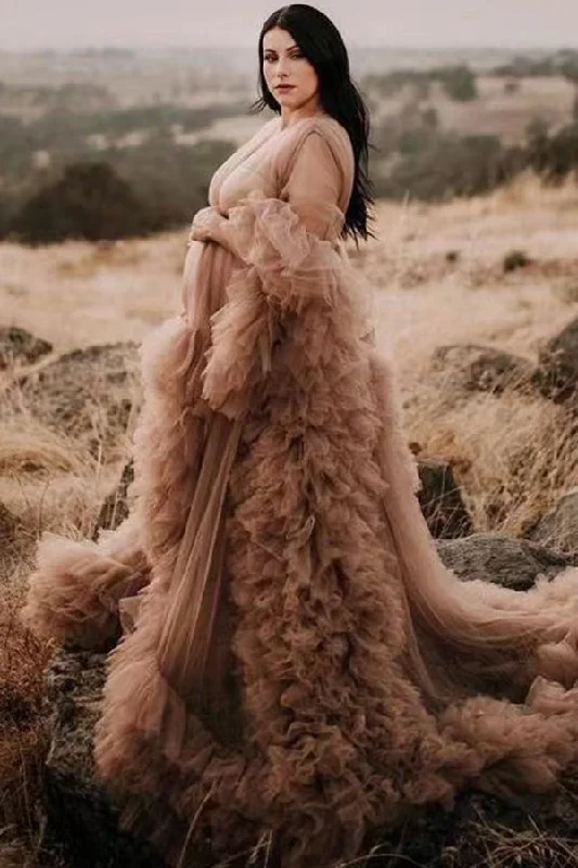 Don't Wait Custom Brown Tulle Ruffled Maternity Photoshoot Gown Wedding Dress