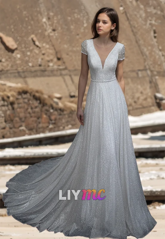 Deal Frenzy V-Neck Cap Sleeves Beaded Tulle A-Line Sparkly Wedding Dress