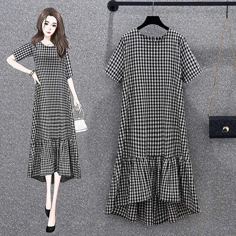 Stock Clearance Plus Size Gingham Frill Short Sleeve Midi Dress