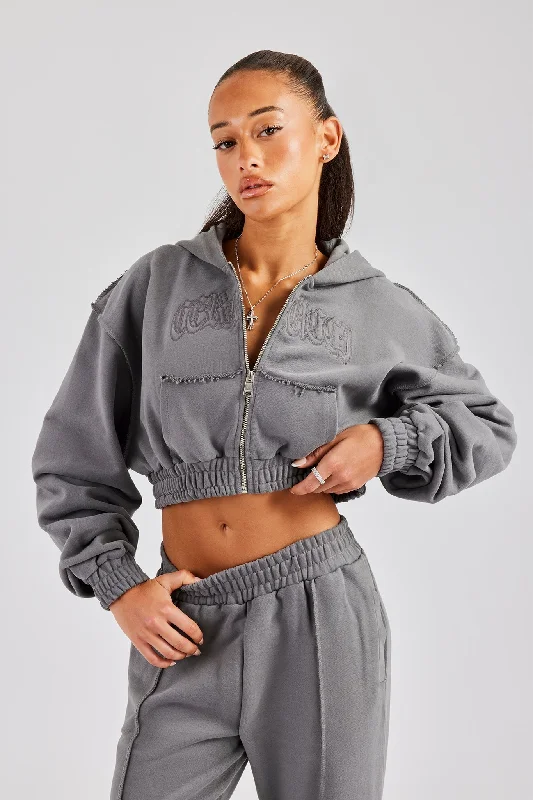 Exclusive Savings Cropped Exposed Seam  Zip Through Hoodie - Charcoal
