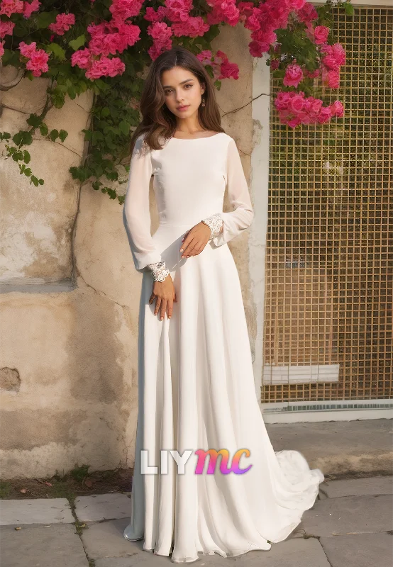 Members Only Bateau Long Sleeves Pleated A-Line Classic Wedding Dress
