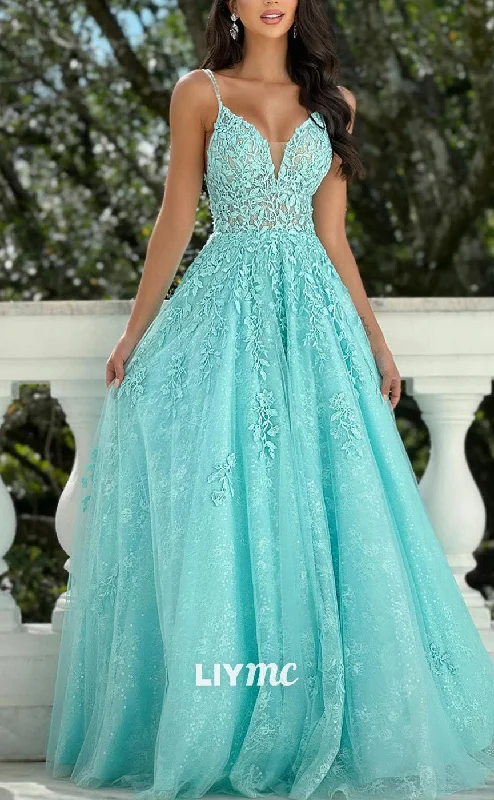 Hot Deal LP2172 - V-Neck Spaghetti Straps Appliques Pleatd A-Line Prom Dress