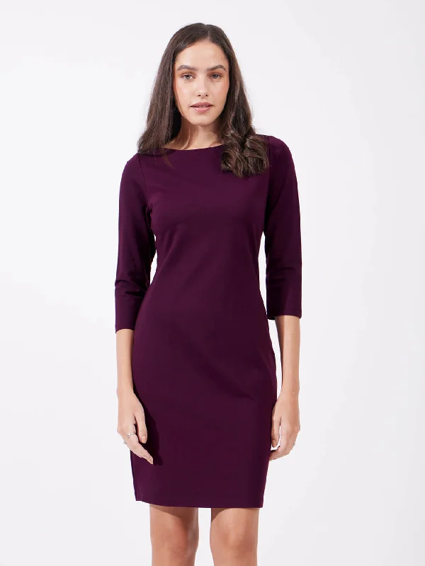 Boat Neck Bodycon Dress - Maroon