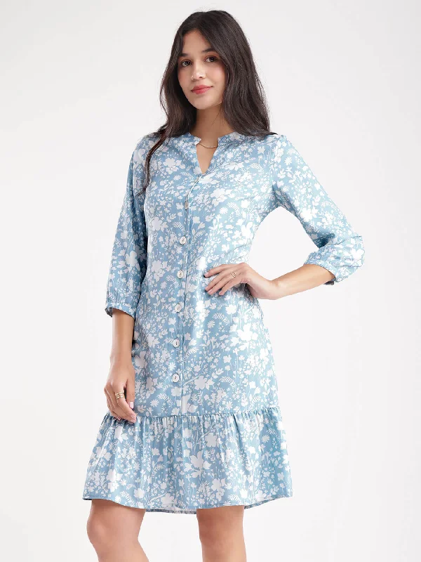 Today Only Floral Print Tiered Dress - Blue