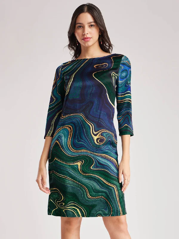 Satin Boat Neck Shift Dress - Navy Blue