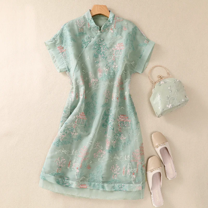 Plus Size Embroidery Shift Dress Cheongsam