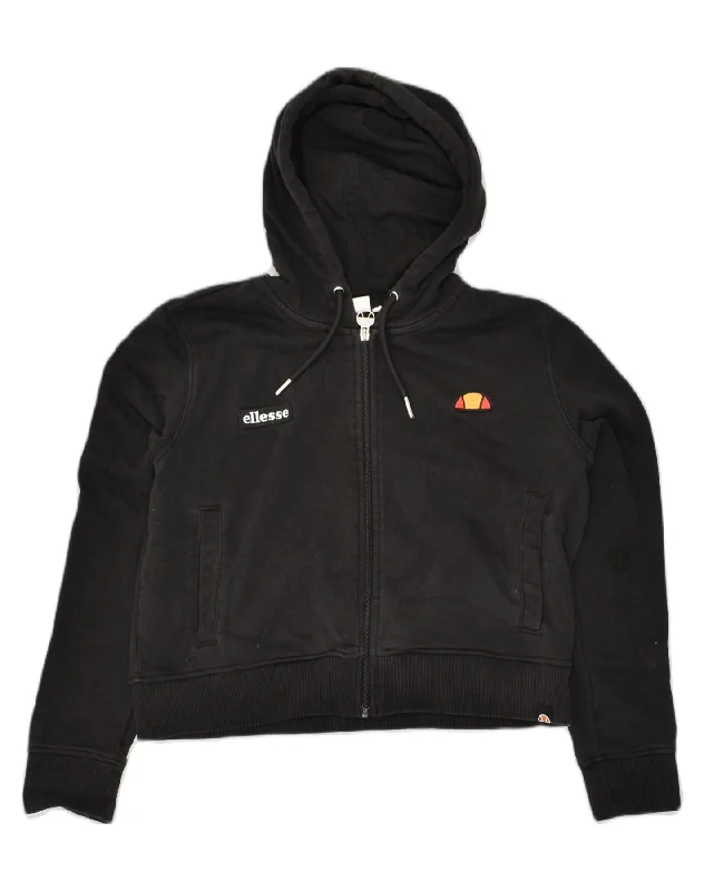 ELLESSE Womens Crop Zip Hoodie Sweater UK 14 Large Black Cotton