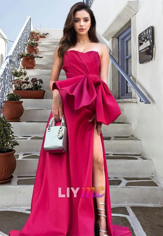 Take Advantage Straight Across Sleeveless Bowknot High Slit A-Line Prom Dress