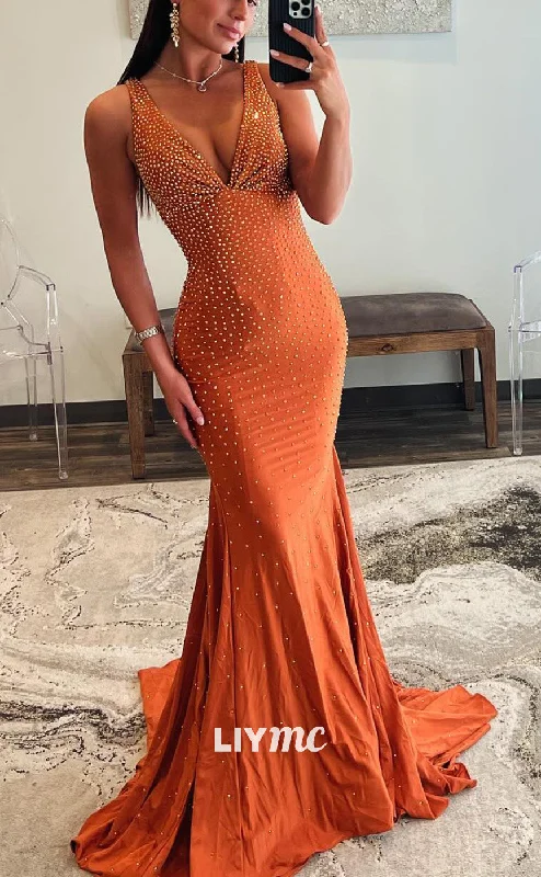 Grand Opening Sale LP2053 - V-Neck Sleeveless Sleek Satin Beaded Mermaid Prom Dress