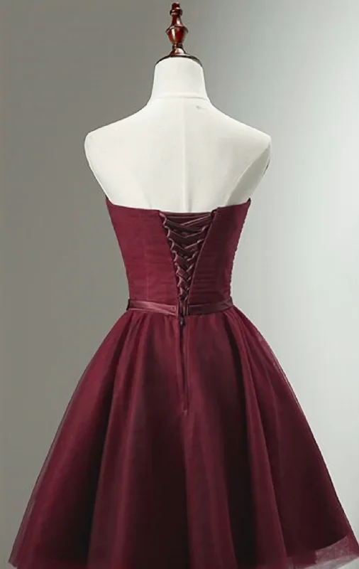 Shop and Save Beautiful Burgundy Knee Length Lace Up Tulle Party Dress, Homecoming Dress, Short Prom Dress Shop and Save Beautiful Burgundy Knee Length Lace Up Tulle Party Dress, Homecoming Dress, Short Prom Dress