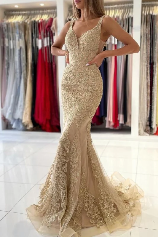 Today Only V-Neck Sleeveless Mermaid Evening Dress With Gold Appliques