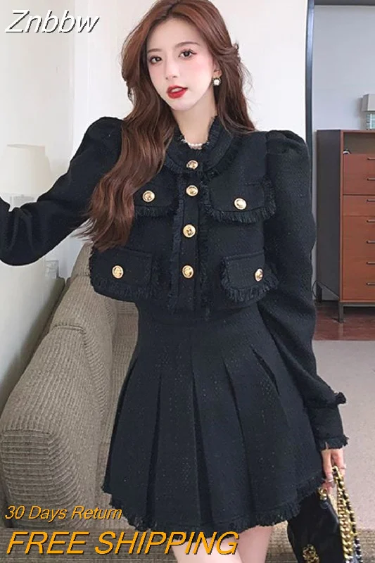 Znbbw Fall Small Fragrance Vintage Two Piece Set Women Top Short Jacket Coat + Mini Skirts Sets Sweet 2 Piece Suits