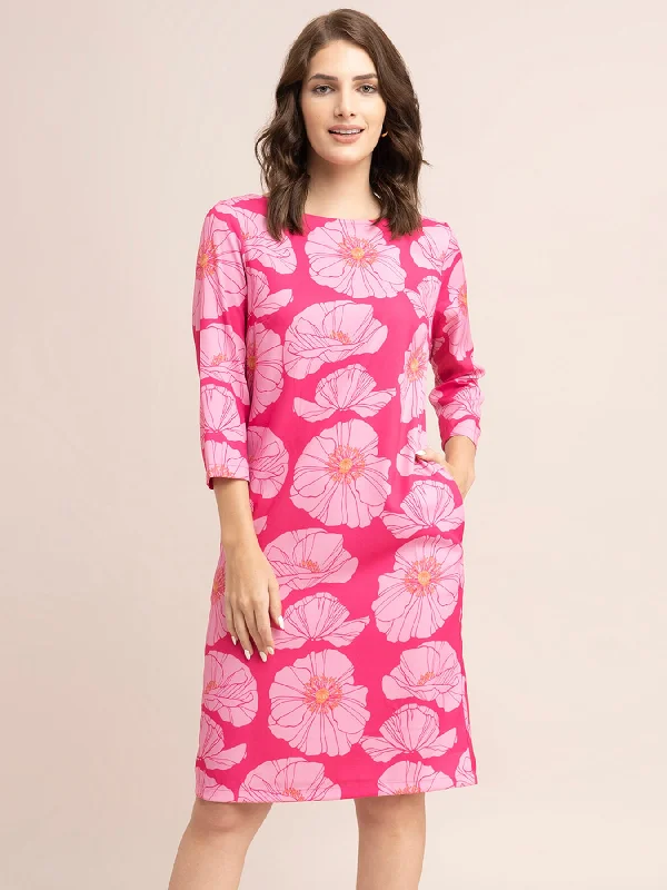 Stock Clearance Floral Print Shift Dress - Fuchsia