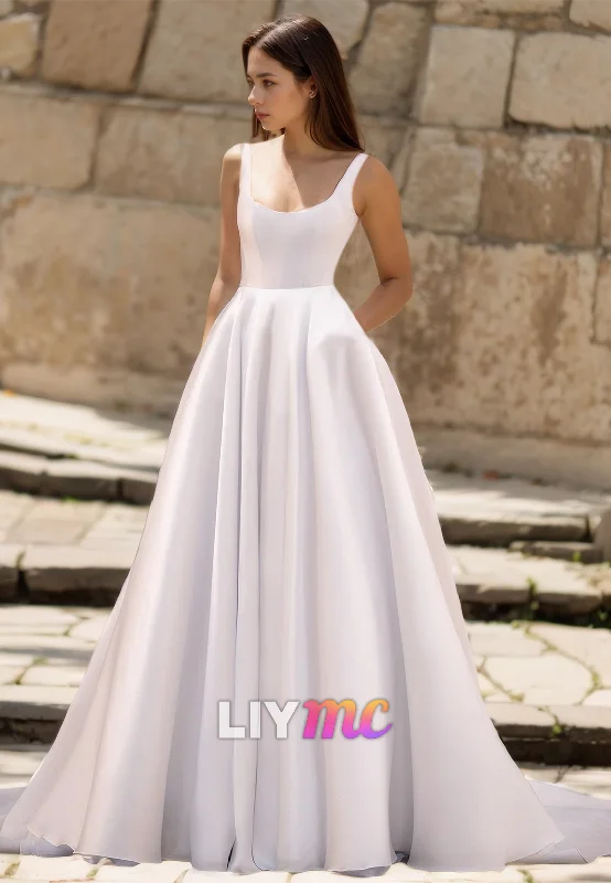 Low Prices Square Straps Sleeveless Pleated Satin A-Line Simple Wedding Dress