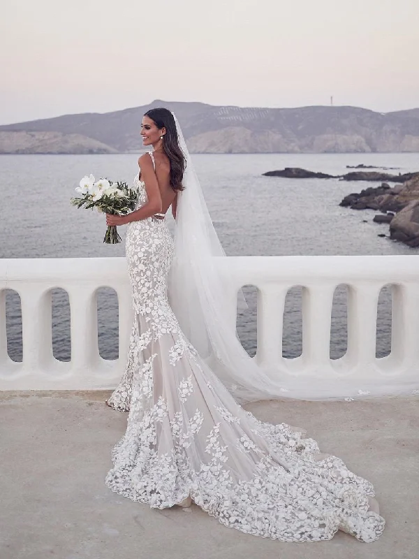 Savings Galore Spaghetti Straps Mermaid Wedding Dresses Lace Appliqued Gowns JKZ6207