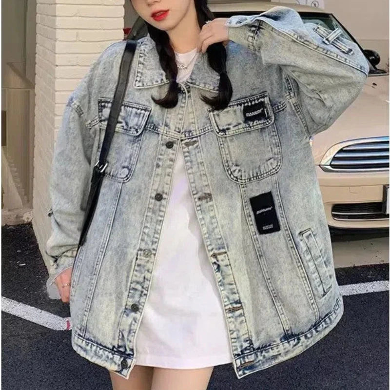 Znbbw Vintage Y2k Jackets Turn Down Collar Pockets Design Oversized Denim Coat Harajuku Streetwear Loose Women Clothing 2024