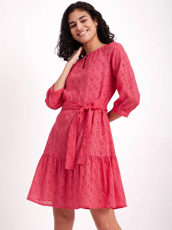 Savings Alert Cotton Schiffli Tiered Dress - Pink