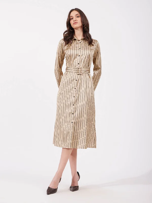 Deal Zone Satin A-line Shirt Dress - Beige And Black