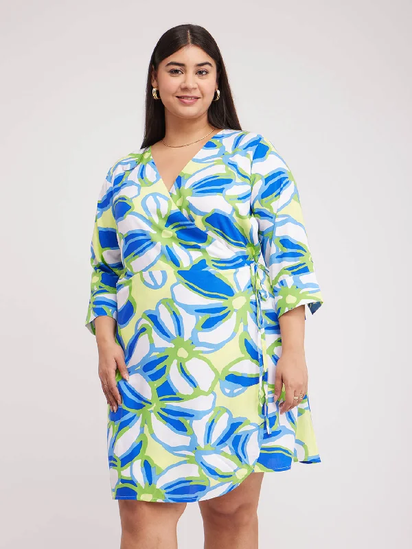 Exclusive Preview Floral Print Wrap Dress - Green And White