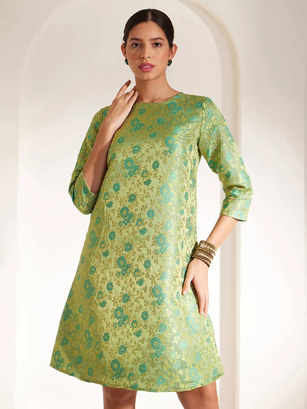 Super Bargain Brocade Boat Neck Shift Dress - Green And Gold