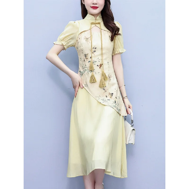 Friends and Family Sale Plus Size Yellow Gold Embroidery Cheongsam Dress