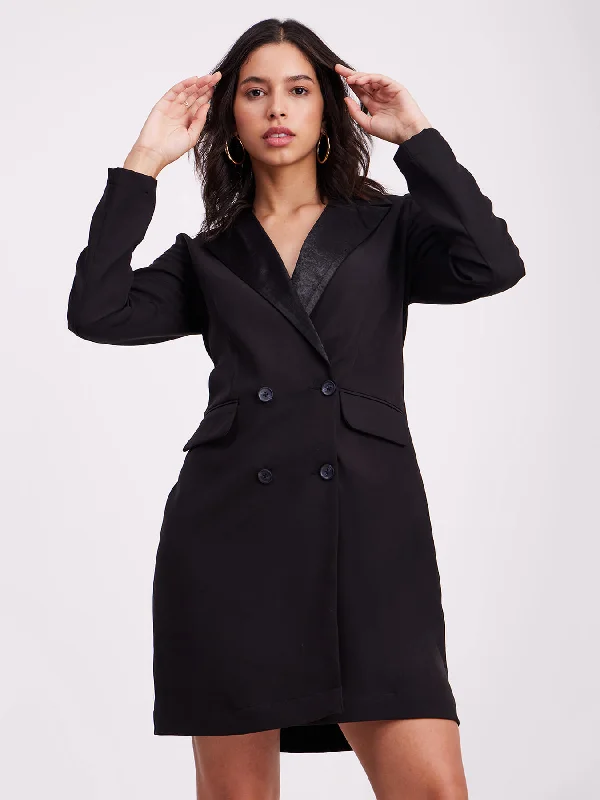 Take Advantage Satin Collar Blazer Dress - Black