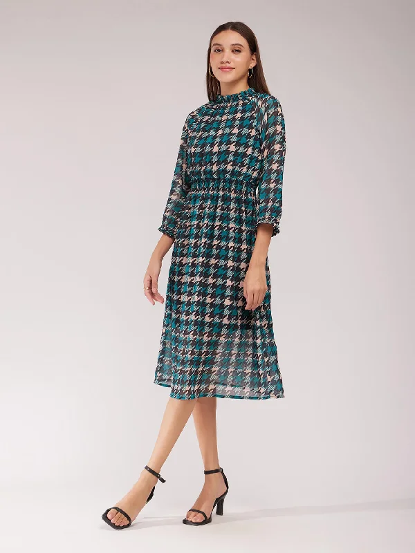 Houndstooth A-line Dress - Teal