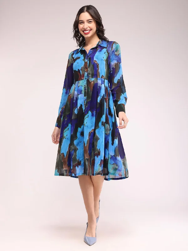 Deal Frenzy Abstract Pleated Dress - Blue