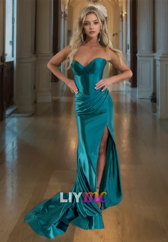 Deal Frenzy LP1066 - Sweetheart Satin Ruched Side Slit Mermaid Formal Prom Dress
