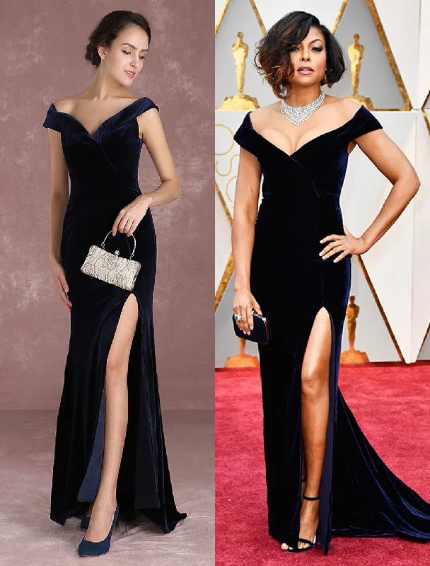 Weekend Deal Glamorous Mermaid Celebrity Dresses Velvet Off The Shoulder Evening Dress Dark Navy Slit Party Dress With Train Inspired By Taraji P. Henson At Oscar Weekend Deal Glamorous Mermaid Celebrity Dresses Velvet Off The Shoulder Evening Dress Dark Navy Slit Party Dress With Train Inspired By Taraji P. Henson At Oscar