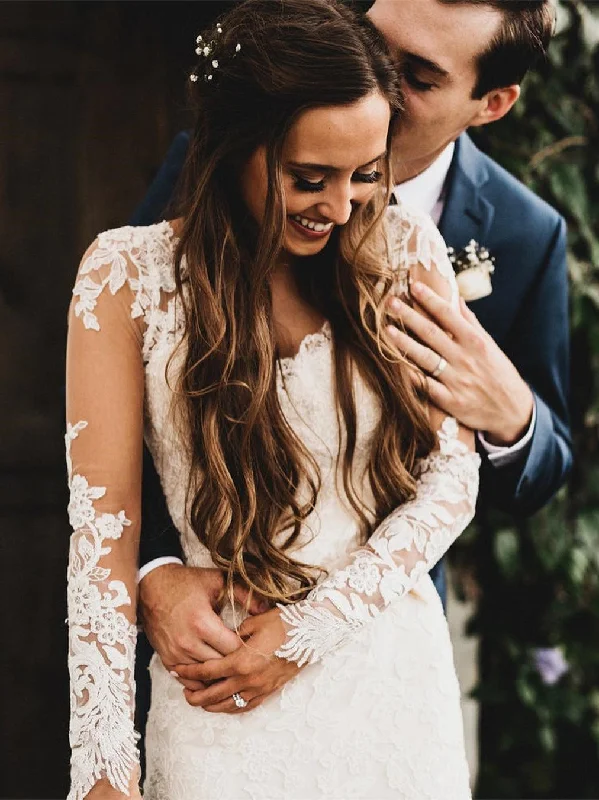 Super Sale Elegant Mermaid Wedding Dresses Long Sleeves Lace Bridal Gowns JKZ6208