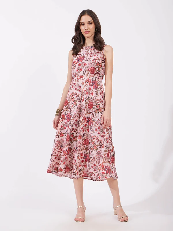 Limited Quantity Chanderi Floral Boat Neck Dress - Red