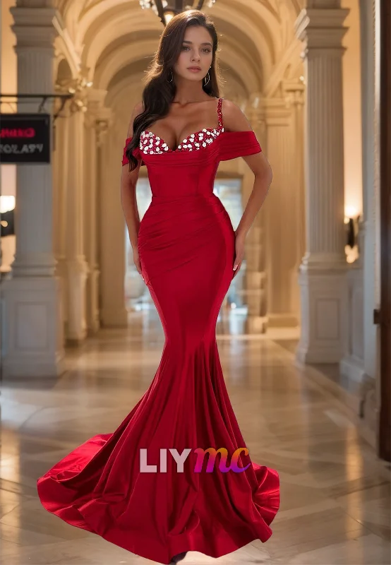 Buy More, Save More Sweetheart Spaghetti Straps Beaded Sleek Mermaid Prom Dress
