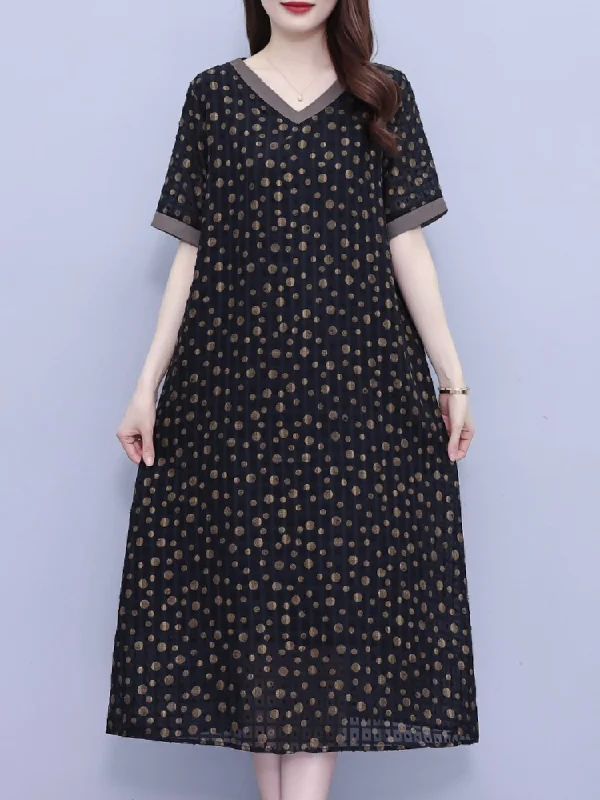 Plus Size V Neck Polka Midi Dress