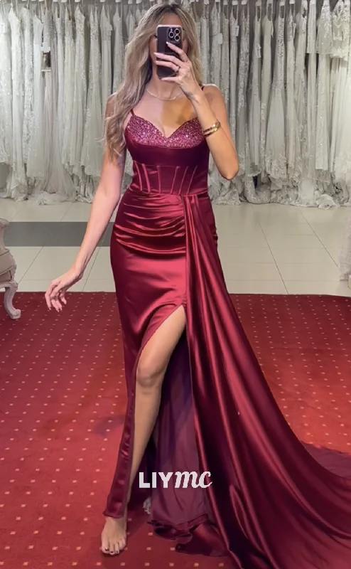 Year-End Sale LP1996 - Sweetheart Fitted Beaded Ruched Sleek Satin Side Slit Prom Dress Year-End Sale LP1996 - Sweetheart Fitted Beaded Ruched Sleek Satin Side Slit Prom Dress