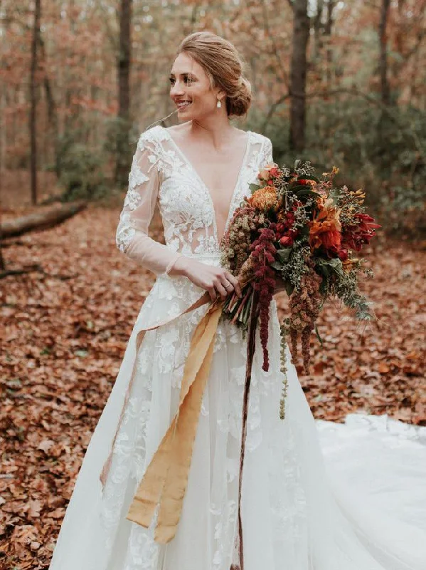 Fantastic Offers Long Sleeve V neck Lace Tulle Boho Wedding Gowns Rustic Bridal Dress NAY010