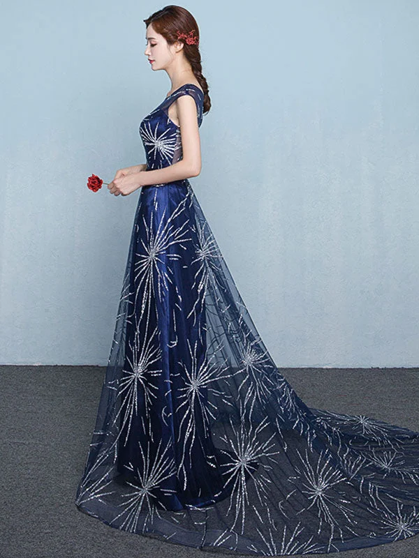 Steals and Deals Modern Constellation Dress Dark Navy Evening Dress Sexy A Line Scoop Neck Sequin Star Tulle Formal Party Dresses With Train Steals and Deals Modern Constellation Dress Dark Navy Evening Dress Sexy A Line Scoop Neck Sequin Star Tulle Formal Party Dresses With Train