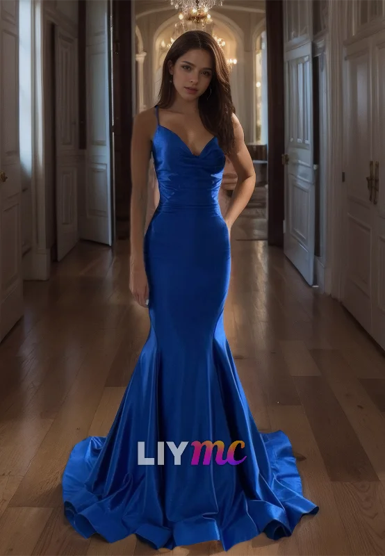 Crazy Deals V-Neck Straps Sleeveless Ruched Sleek Mermaid  Prom Dress